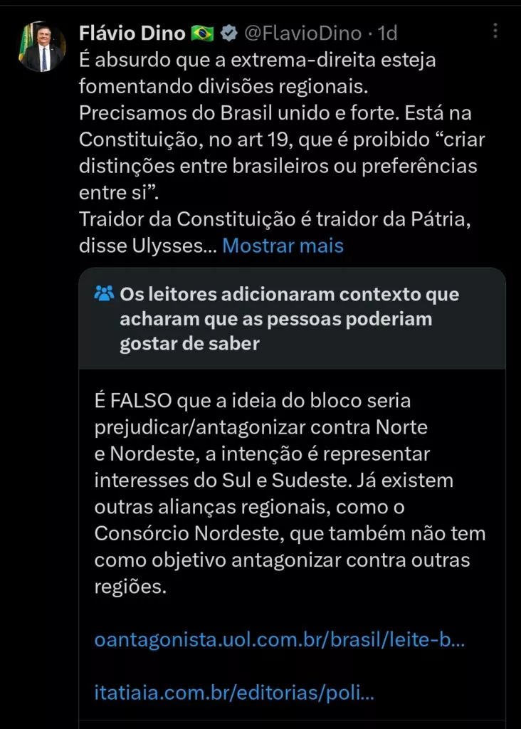 Twitter classifica como fake news a declaração de Dino contra o governador Romeu Zema