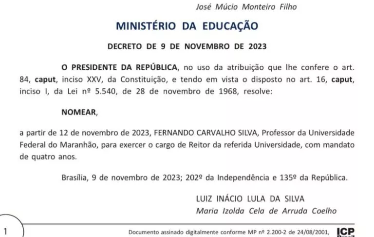 Nomeação de Fernando Carvalho Silva como novo reitor da UFMA é publicada no Diário Oficial