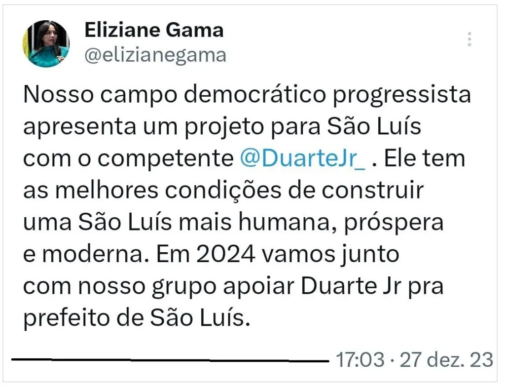 Eliziane Gama anuncia apoio a Duarte Júnior, desafiando liderança de Braide em São Luís