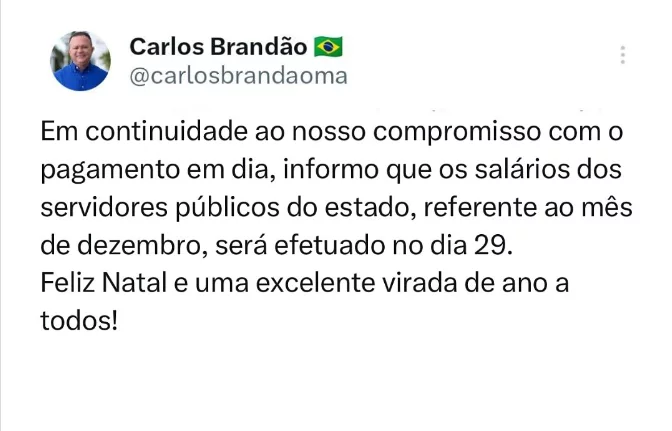 Brandão anuncia pagamento dos servidores estaduais para o dia 29