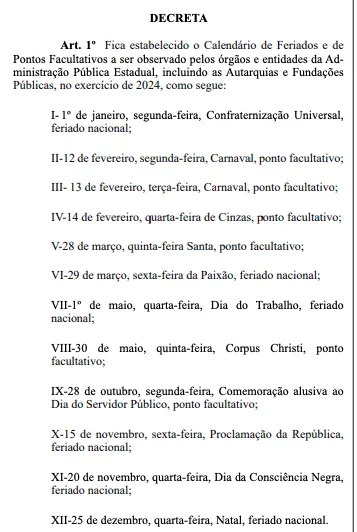 Governo do Maranhão estabelece calendário de feriados e pontos facultativos para 2024