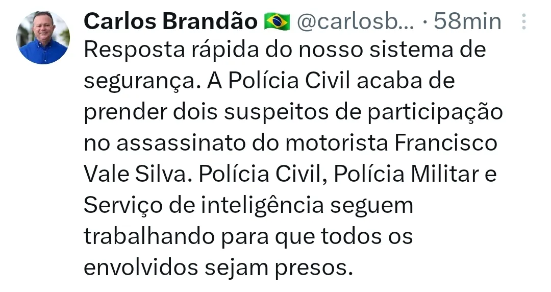 Urgente: Governo confirma prisão de suspeitos de assassinato de motorista