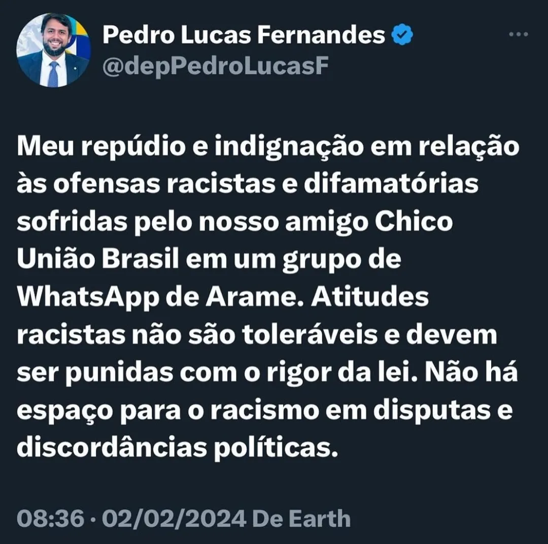 Pedro Lucas repudia ofensas raciais contra Chico União Brasil