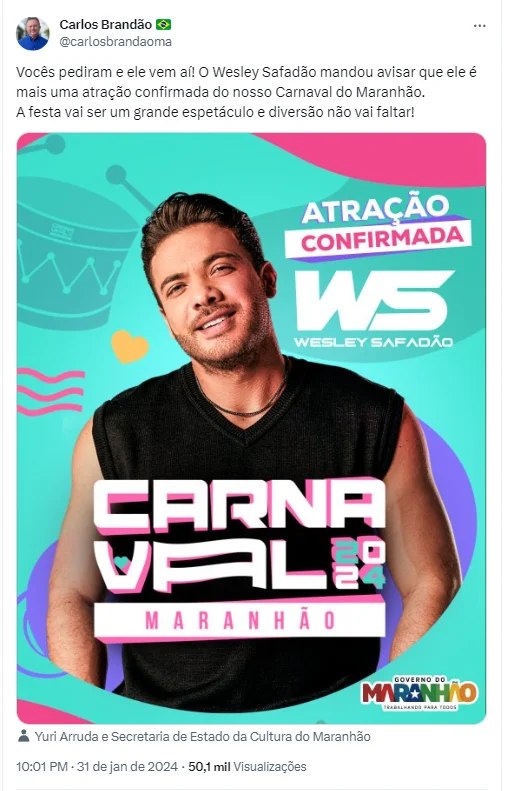 Brandão confirma Wesley Safadão como atração no Carnaval 2024