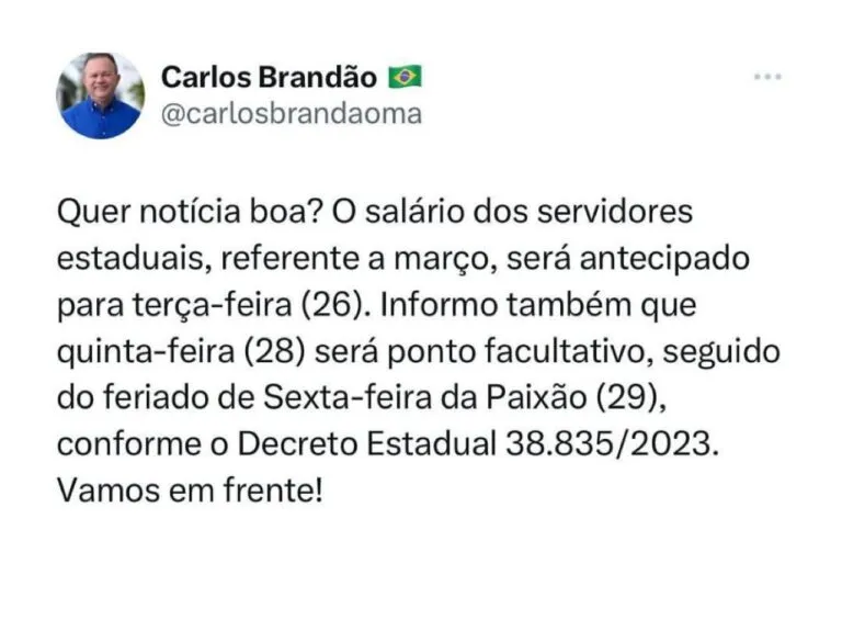 Brandão antecipa pagamento dos servidores estaduais para dia 26 de março