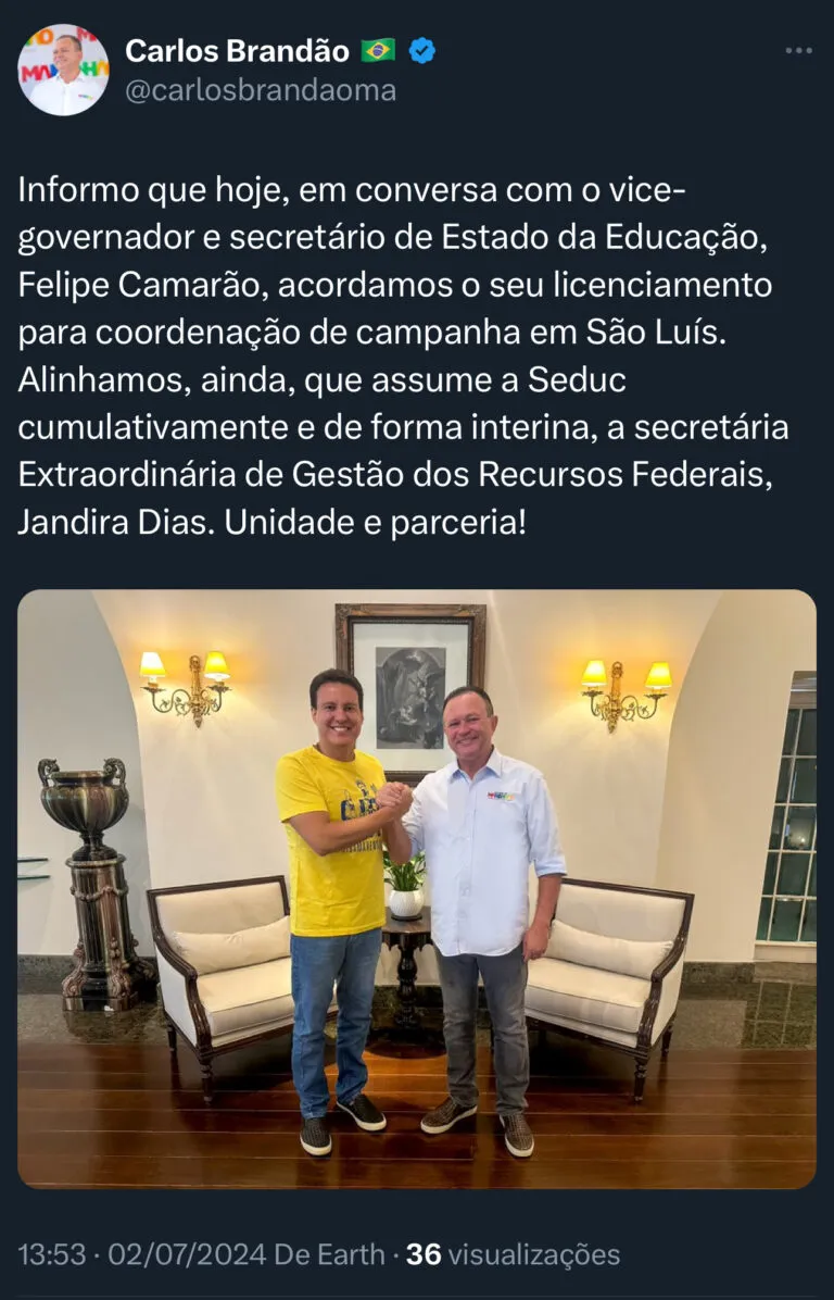 Carlos Brandão anuncia saída de Felipe Camarão do comando da Secretaria de Educação