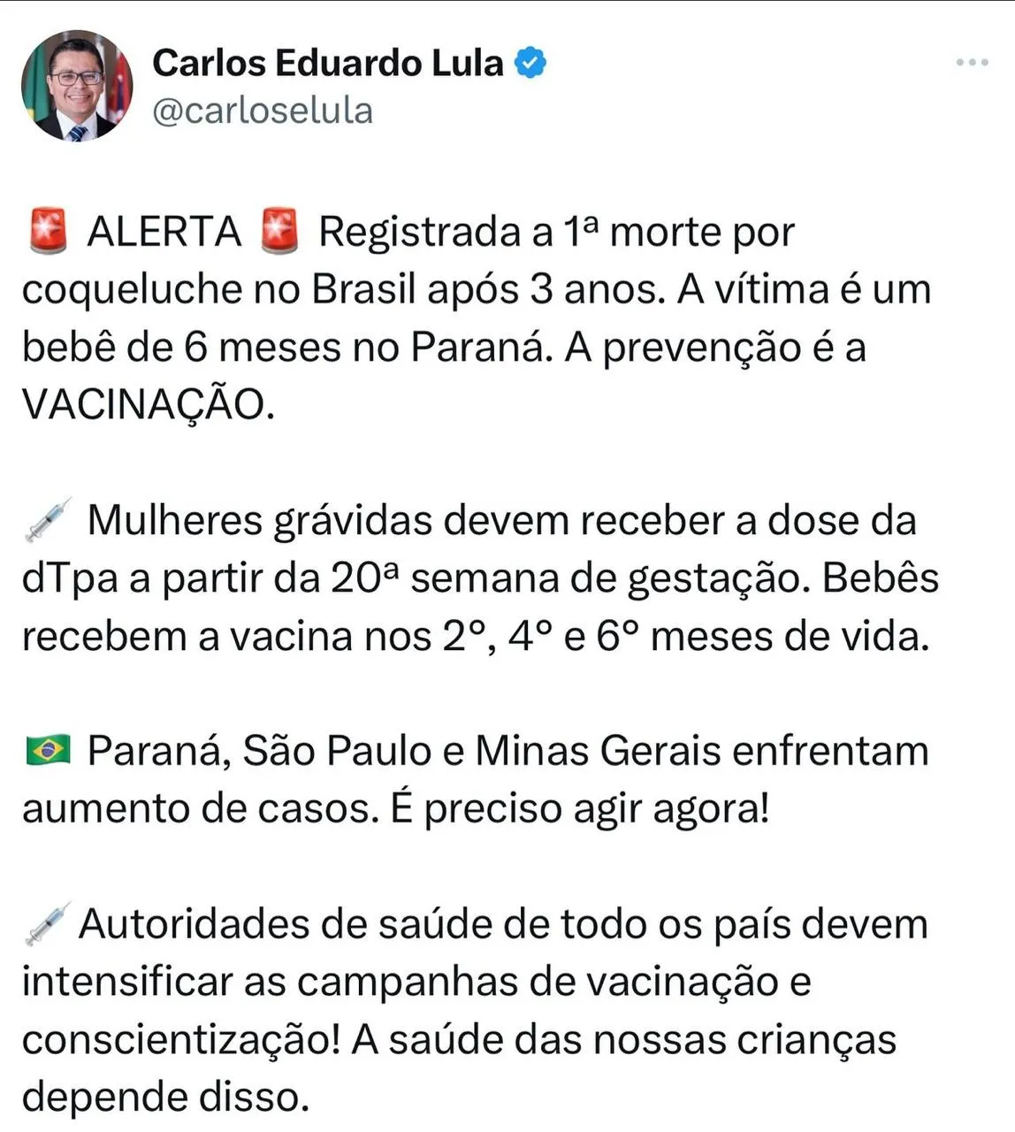 Após primeira morte de um bebê por coqueluche em três anos, Carlos Lula destaca a importância da vacinação